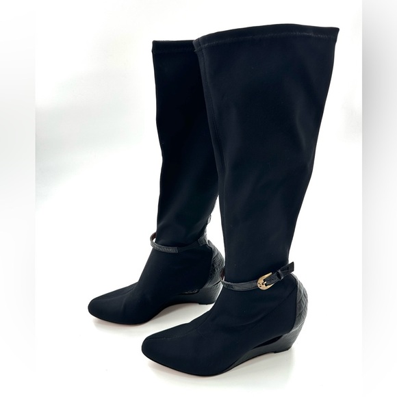 Donald J Pliner Black Tall Wedge Heel Pull On Sock Boots - Picture 1 of 9